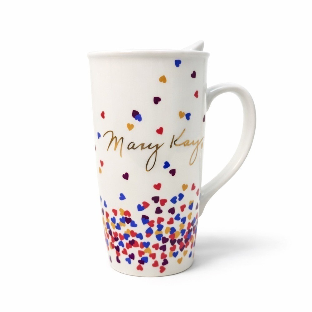 Mary Kay Heart Confetti Travel Mug Ceramic Coffee Cup w Lid Pink Hearts Gift